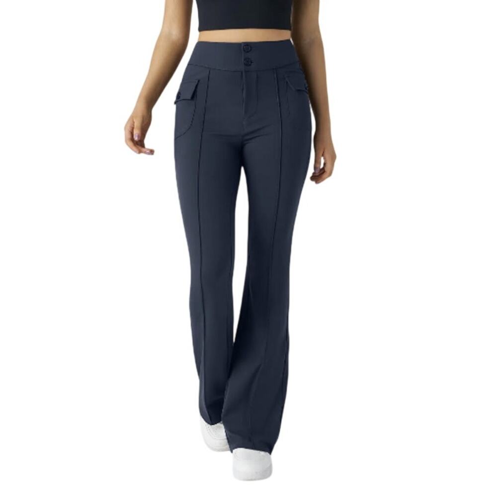 High Waisted Side Flap Pocket Flare Casual Cargo Pants Large Dark Blue Flawed